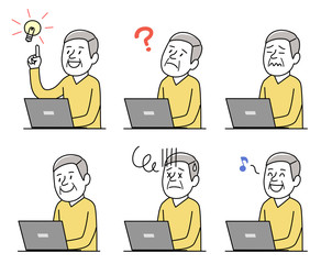 パソコンを使うシニア男性　セット