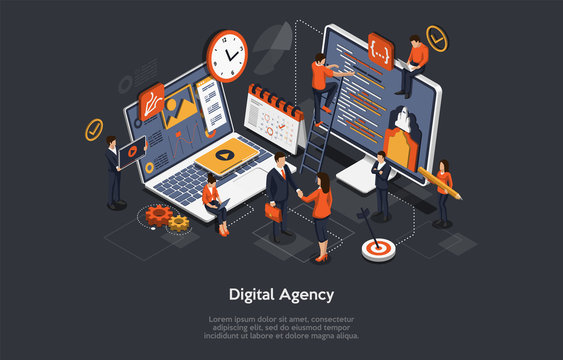 Digital Agency Concept. A Team of People Builds a Chart and Graphs. Digital Projects, Clients Brief. The Concept of the Idea of Marketing, Strategy, Data Analysis. Isometric Vector Illustration