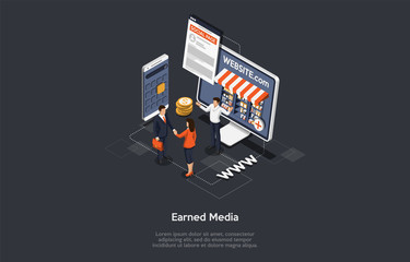 Earned Media, Digital Advertising, Online Publicity, Branding Concept And Publisher Promoting. People Develop Internet Websites, Advertisement, Marketplace Strategies. Isometric Vector Illustration