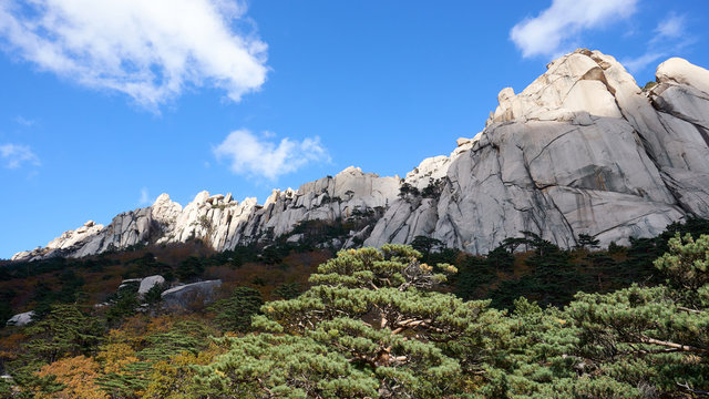 Autumn landscape with mountains and rocks in Seoraksan National Park in Sokcho in South Korea.