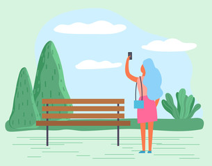 Lady walking alone in summer park. Woman hold smartphone and taking photos of beautiful lawn landscape. Lady strolling on pathway among greenery, trees and grass. Vector illustration in flat style