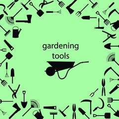garden tools silhouettes, wheelbarrow in the center