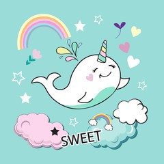 Cute whale unicorn on a blue background