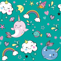 Cute whale unicorn, rainbow and marine inhabitants on a blue background seamless pattern