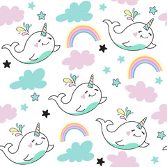 Whale unicorn in the clouds seamless pattern