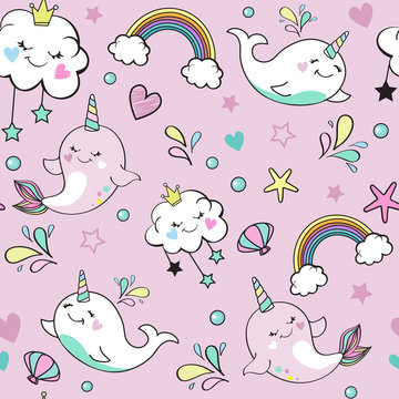 Cute whale unicorn, rainbow and the clouds on a pink background seamless pattern