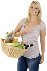 Woman with shopping basket isolated on white