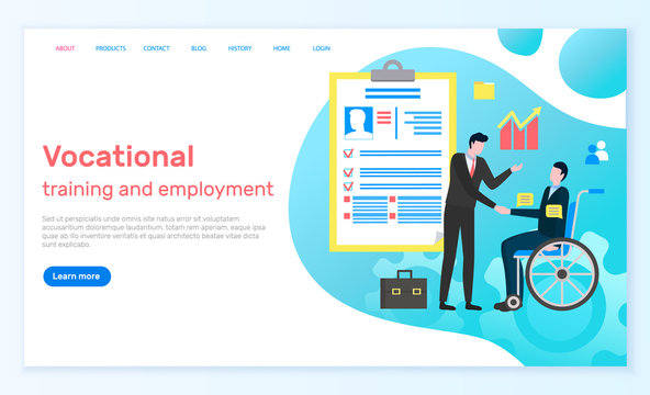 Vocational Training And Employment, Disabled Person On Wheel Chair Working In Business Company. Boss And Employee, Profile With Info On Candidate Cv. Website Or Webpage Template, Landing Page Vector