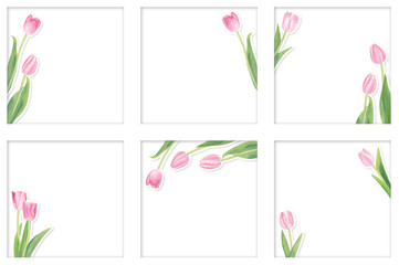 Obraz premium Set of watercolor pink tulip flowers in paper cut style inside square frames. Simple and beautiful composition. Good for paper cards, logos, label, tags, scrapbooking, sticker pack, baby shower cards.
