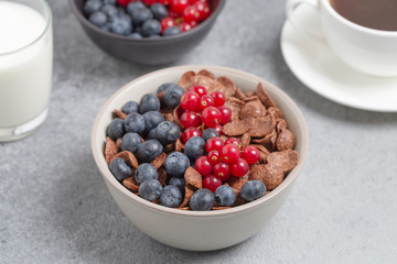 Chocolate flakes with milk, blueberries and red currants. Delicious healthy Breakfast.