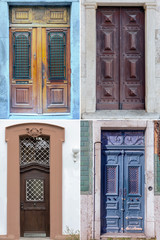 four old wooden doors trimmed with metal decorations from different cities of Europe