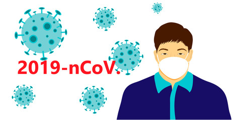 Man in a white protective medical mask. Coronavirus in China. New Coronavirus (2019-nKoV). Virus icons around a person of Chinese nationality on a white background. Isolated vector illustration.