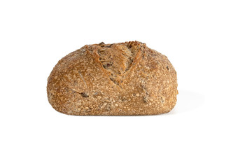 round wheat bread with various seeds and nuts isolated on white background