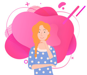 Charming young woman with ginger braid on one side touching her chin while posing. Red haired girl and abstract pink circles background vector illustration