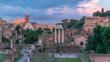 Obraz premium Ruins of Forum Romanum on Capitolium hill day to night timelapse in Rome, Italy