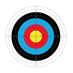 Outdoor archery target in traditional colors - yellow, red, blue, black and white. Vector illustration