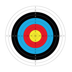 Outdoor archery target in traditional colors - yellow, red, blue, black and white. Vector illustration