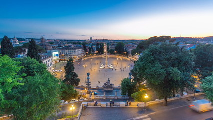 Fototapeta na wymiar Aerial view of the large urban square, the Piazza del Popolo day to night timelapse, Rome after sunset