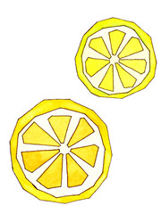 Watercolor hand drawn sliced tropical citrus isolated on white background. Funny cartoon illustration of juicy lemon and orange in papercut style.