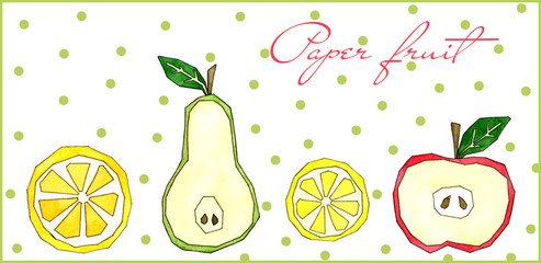 Watercolor hand drawn set of sliced fruit isolated on white dotted background. Bright funny icons for restaurant menu. Sliced orange, lemon, pear and apple in paper cut style.