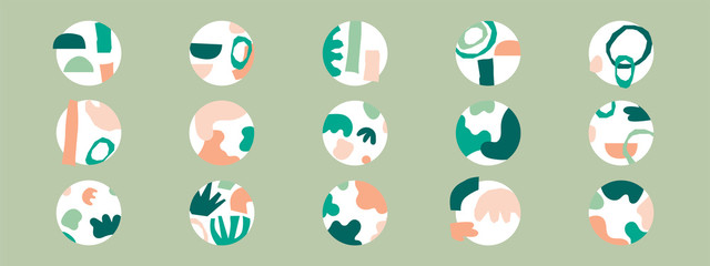 Big set of various highlight covers, abstract backgrounds with various hand drawn organic shapes, lines, spots, dots, doodle objects, round icons templates for social media stories