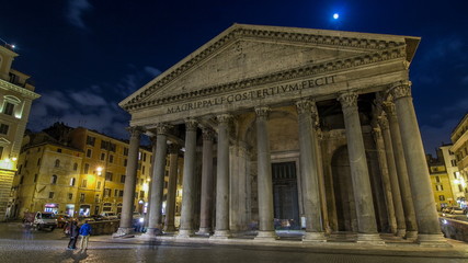 Night timelapse  of Pantheon, ancient architecture of Rome, Italy