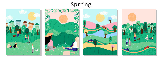 Spring or summer landscape backgrounds set with people outdoor activities, hand drawn illustration