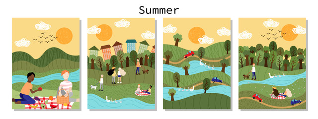 Summer landscape backgrounds set with people outdoor activities, hand drawn illustration
