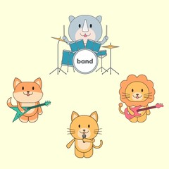cute animal band rhino drum , fox guitar, lion bass, cat vocal. adorable animal band character.