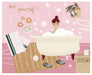 Gentle vector illustration with a girl in the bath about self-love
