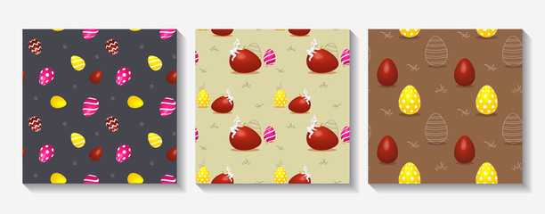 Set of Easter seamless patterns with colored eggs. Dark blue, beige and brown backgrounds. Perfect for wrapping paper, scrapbooking, textile and product design.  