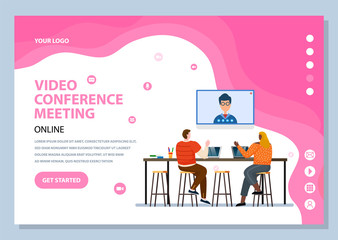 Video conference meeting via modern technologies and gadgets. Characters talking to boss online, using pc. Employees discussing problems. Website or webpage template, landing page vector in flat style
