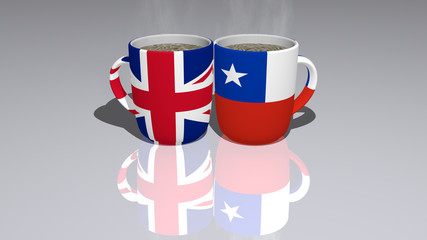 United Kingdom And Chile placed on a cup of hot coffee mirrored on the floor in a 3D illustration with realistic perspective