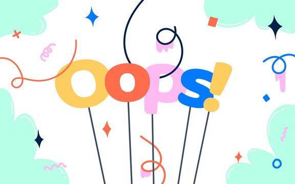 Oops colorful vector email newsletter template with letters on sticks. Printable cartoony photo booth props.