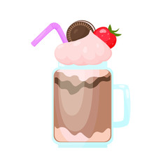 Illustration of a milkshake with strawberry cream with chocolate chip cookies and strawberries in a mug with a handle. For design, postcards, menus for restaurants, cafes. cartoon style