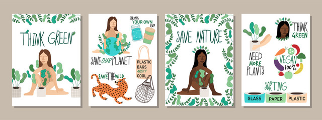 Motivational posters with woman, plants and lettering, hand drawn illustration in simple flat scandinavian style