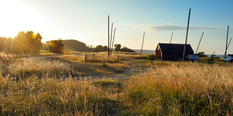 Warm evening in the South of Sweden (Osterlen, Skane). Scenic view of the landscape during the...
