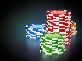 Casino chips on reflective dark background. 3D illustration