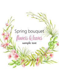 Spring bouquet wreath of cherry blossom flowers with green leaves