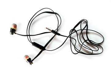 Black vacuum headphones with headset shot on a white background.