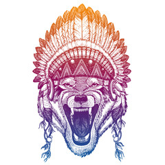 Animal. Vector portrait in traditional indian headdress with feathers. Tribal style illustration for little children clothes. Image for kids tee fashion, posters.