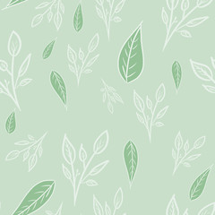 Delicate seamless pattern with white outline branches and green leaves on light green background. Botanical pattern. Spring/summer print. Packaging, wallpaper, textile, fabric design