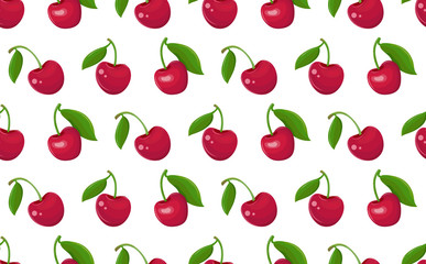 Seamless pattern of red cherries on a white background. Garden berry with a leaf on the stem. Sweet fruit cartoon. Berry background. Hand drawn vector illustration. Textile, wallpaper, wrapping paper.