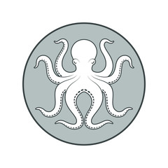 Octopus graphic icon. Octopus sign in the circle isolated on white background. Sea life symbol. Vector illustration