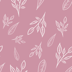 Fototapeta na wymiar seamless pattern with white outline branches and leaves on purple background. Spring/summer pattern. Print, packaging, wallpaper, textile, fabric design