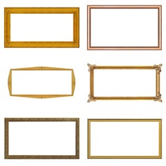 Set of panoramic golden frames for paintings, mirrors or photo isolated on white background