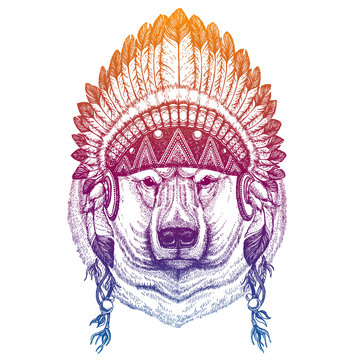 Polar bear. Animal. Vector portrait in traditional indian headdress with feathers. Tribal style illustration for little children clothes. Image for kids tee fashion, posters.