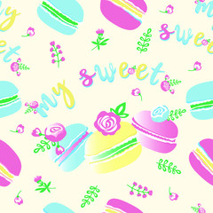 Obraz na płótnie Canvas Seamless pattern of sweet macaroon cakes. Vector seamless pattern for printing on textiles, packaging. paper, wallpaper.