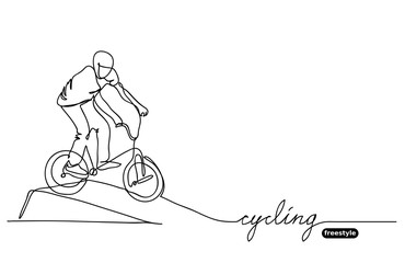 Freestyle BMX cycling vector sketch, doodle. Vector minimalistic banner, background. Sport competition event. One continuous line drawing of cycle trick and lettering cycling.