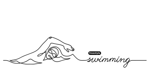 Freestyle swimming vector banner. Competition vector minimalistic sport background. Sport event. One continuous line drawing of swimmer.